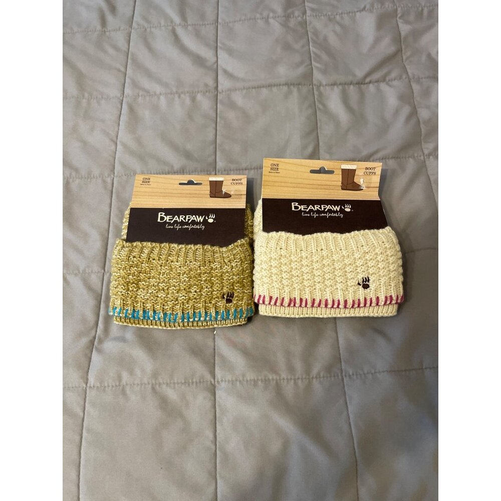 Bearpaw Womens Knit Boot Cuffs Set Of 2 Beige & Yellow With Pink & Blue Trim One